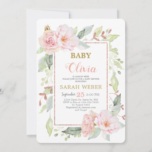 Pink floral baby girl shower invitation