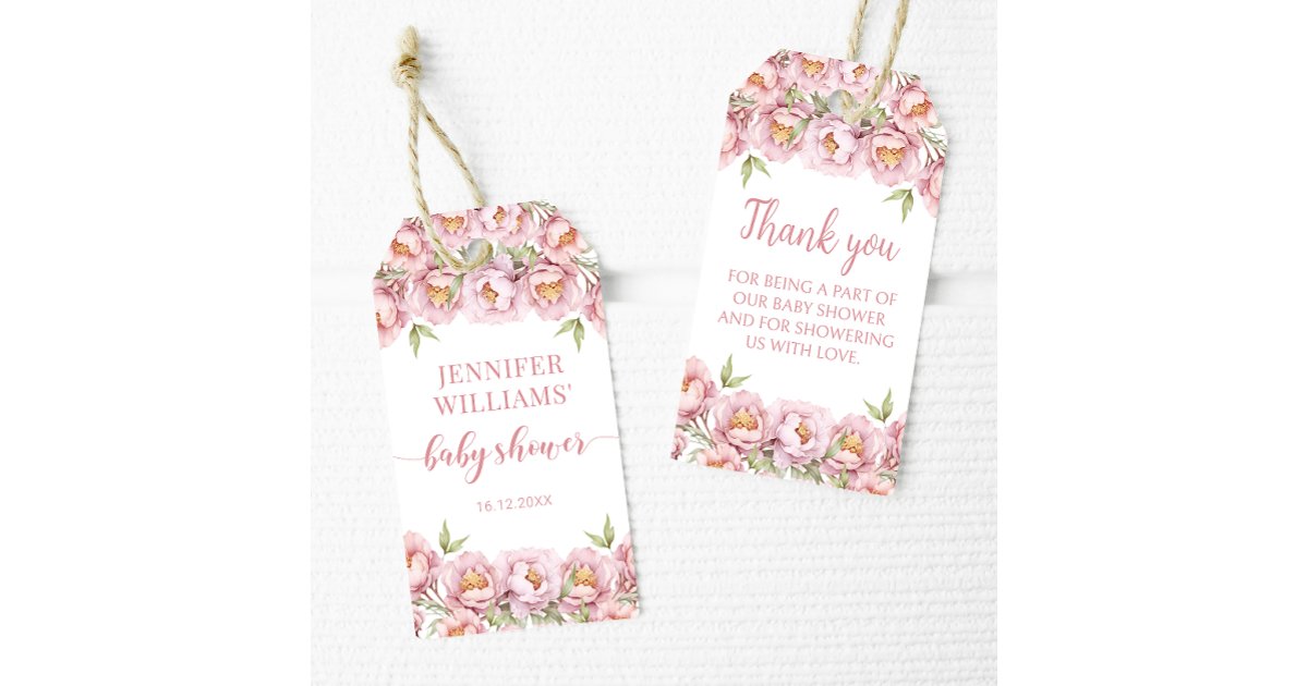 Pink floral baby girl shower thank you gift tags | Zazzle