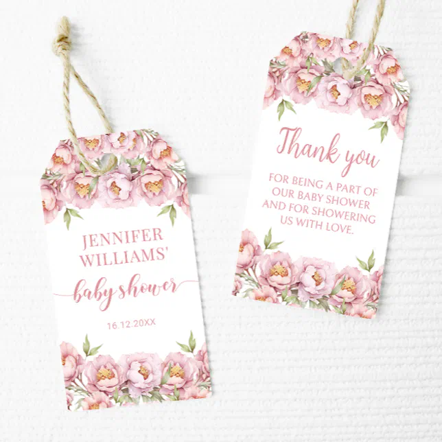 Pink floral baby girl shower thank you gift tags | Zazzle