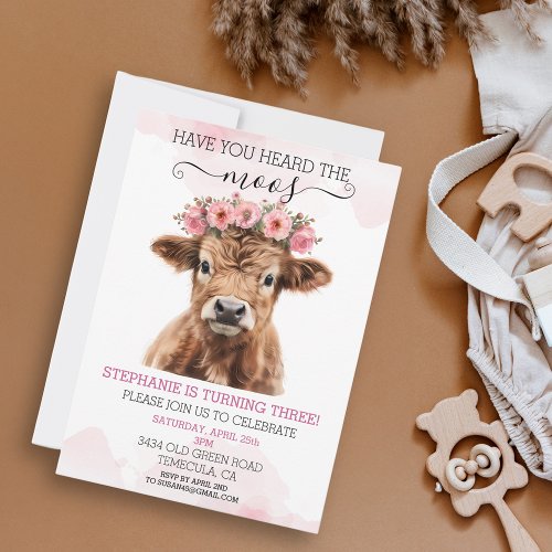 Pink Floral Baby Highland Cow Birthday   Invitation