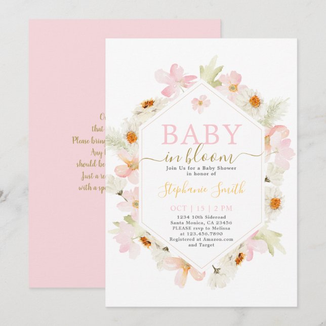 Pink Floral Baby in Bloom Baby Shower Invitation (Front/Back)