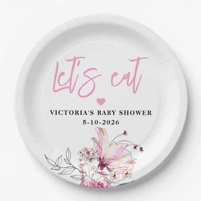 Pink Floral Baby in Bloom Baby Shower Paper Plates (Front)