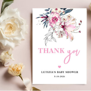 Pink Floral Baby in Bloom Baby Shower Thank You Card