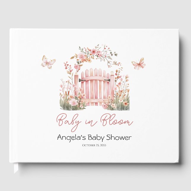 Pink Floral Baby in Bloom Butterfly Baby Shower Guest Book (Front)