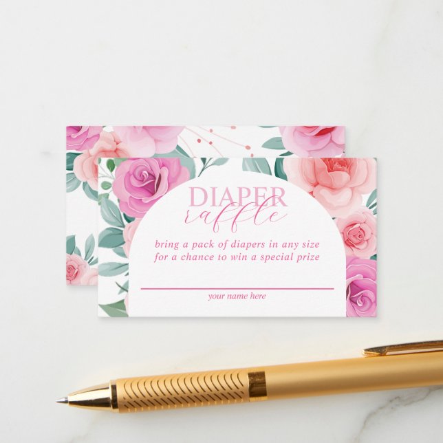 Pink Floral Baby in Bloom Diaper Raffle Enclosure Card (Front/Back In Situ)