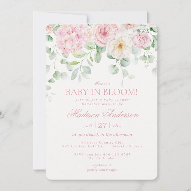 Pink Floral Baby in Bloom Hydrangea Baby Shower Invitation (Front)