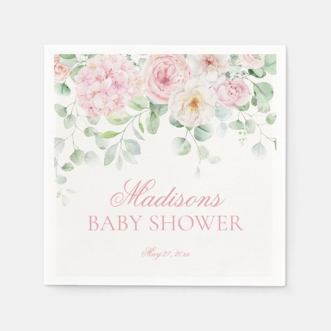 Pink Floral Baby in Bloom Hydrangea Baby Shower Napkins (Front)