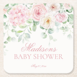 Pink Floral Baby in Bloom Hydrangea Baby Shower Square Paper Coaster