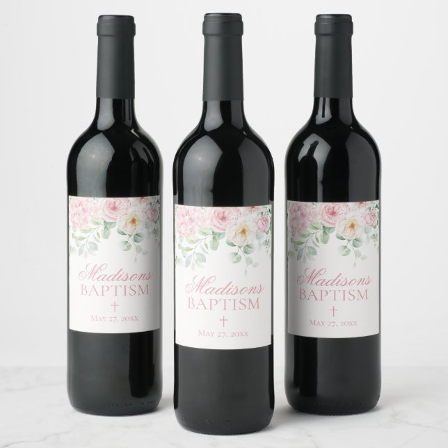 Pink Floral Baby in Bloom Hydrangea Baby Shower Wine Label (Bottles)