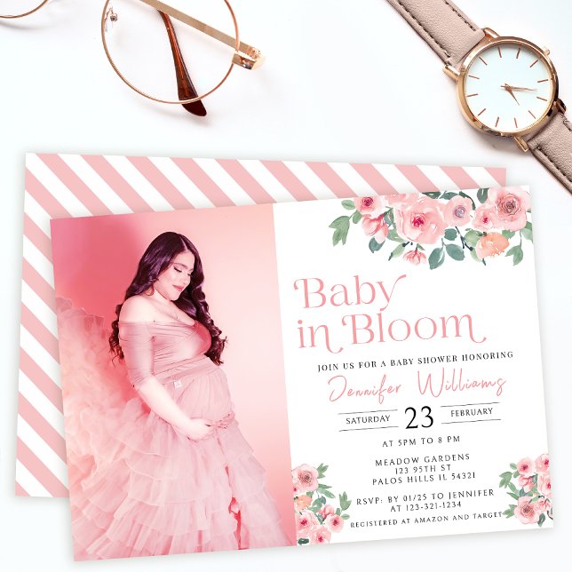 Pink floral baby in bloom shower photo invitation (Creator Uploaded)