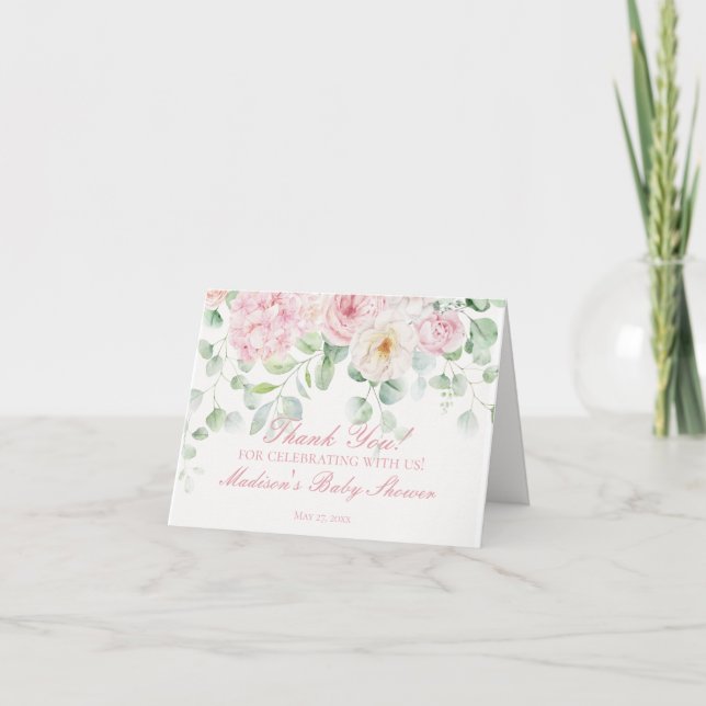 Pink Floral Baby in Bloom Shower Thank You Card  (Front)