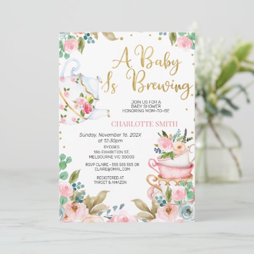 Pink Floral Baby is Brewing Baby Shower Invitation