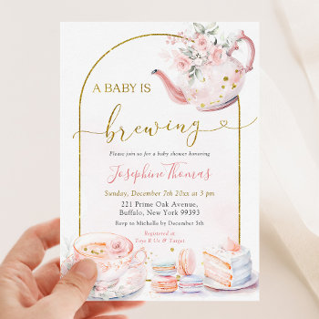 Pink Floral Baby Is Brewing Tea Party Baby Shower Invitation by PumpkinDesignCard at Zazzle