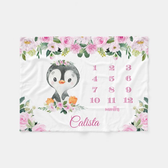 Pink Floral Baby Name Monthly Milestone Penguin Fleece Blanket (Front (Horizontal))