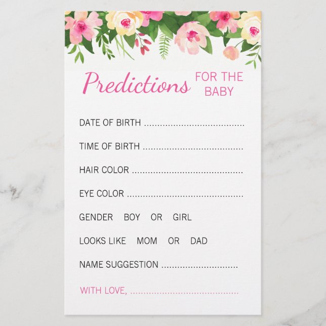 Pink Floral Baby Prediction Card Baby Shower Game (Front)