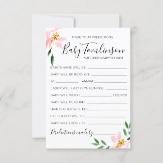 Pink Floral Baby Predictions Baby Shower Game Card