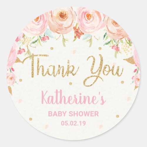 Pink Floral Baby Shower Baby Girl Thank You Favors Classic Round Sticker