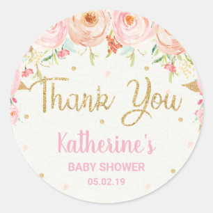 Pink Floral Baby Shower Baby Girl Thank You Favors Classic Round Sticker