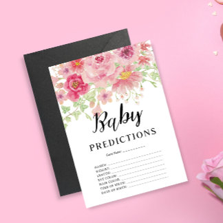 Pink Floral Baby Shower Baby Predictions Game Card