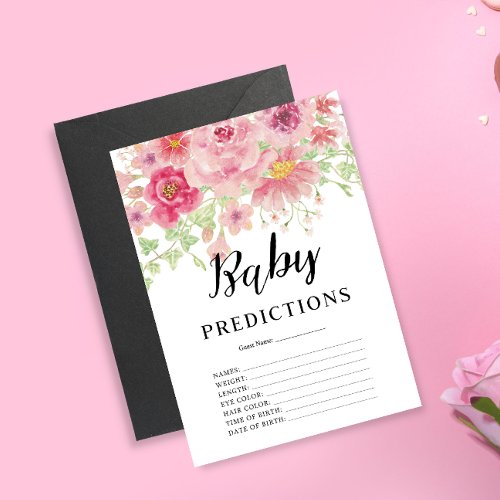 Pink Floral Baby Shower Baby Predictions Game Card