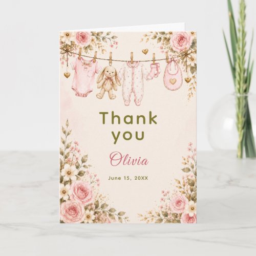 Pink Floral Baby Shower Clothesline Baby Shower Thank You Card