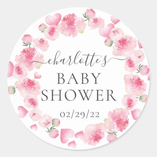 Pink Floral Baby Shower Favor Sticker (Front)