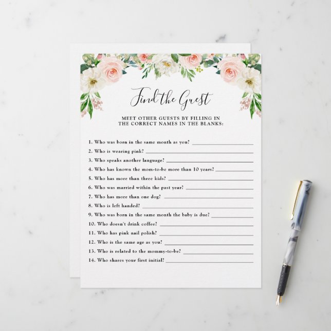 Pink Floral Baby Shower Game Find the Guest (Front/Back In Situ)