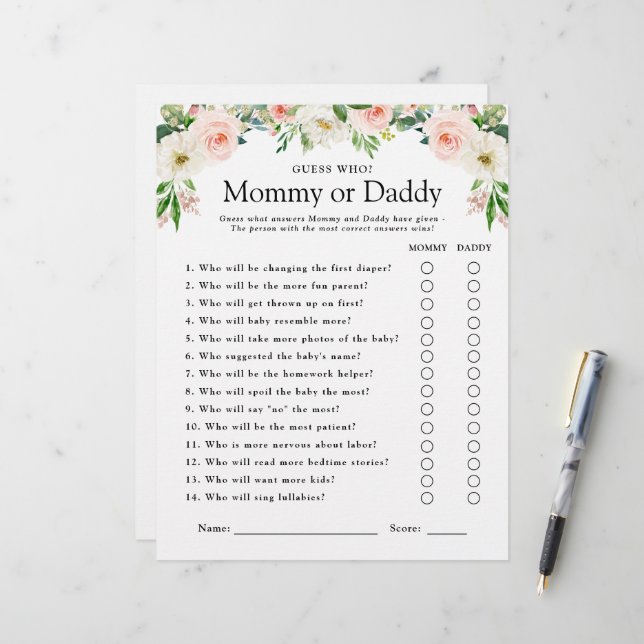 Pink Floral Baby Shower Game Guess Who (Front/Back In Situ)