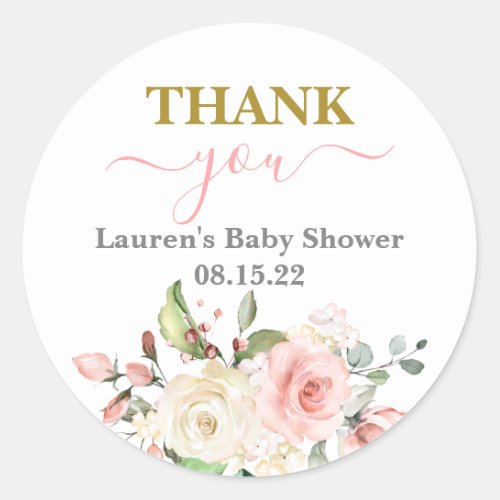 Pink Floral Baby Shower Girl Classic Round Sticker
