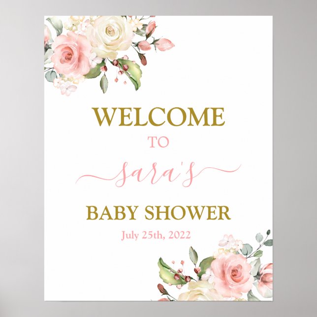 Pink Floral Baby Shower Girl Welcome sign (Front)