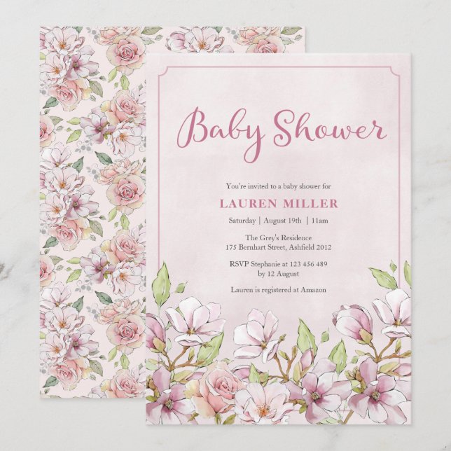 Pink Floral Baby Shower invitation (Front/Back)