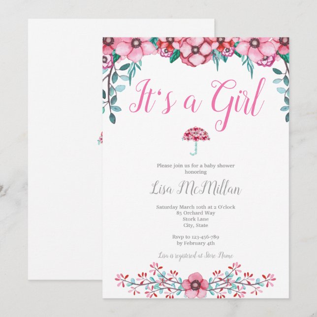 Pink Floral Baby Shower Invitation (Front/Back)