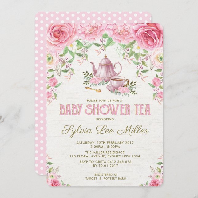 Pink Floral Baby Shower Kitchen Tea Party Invite (Front/Back)