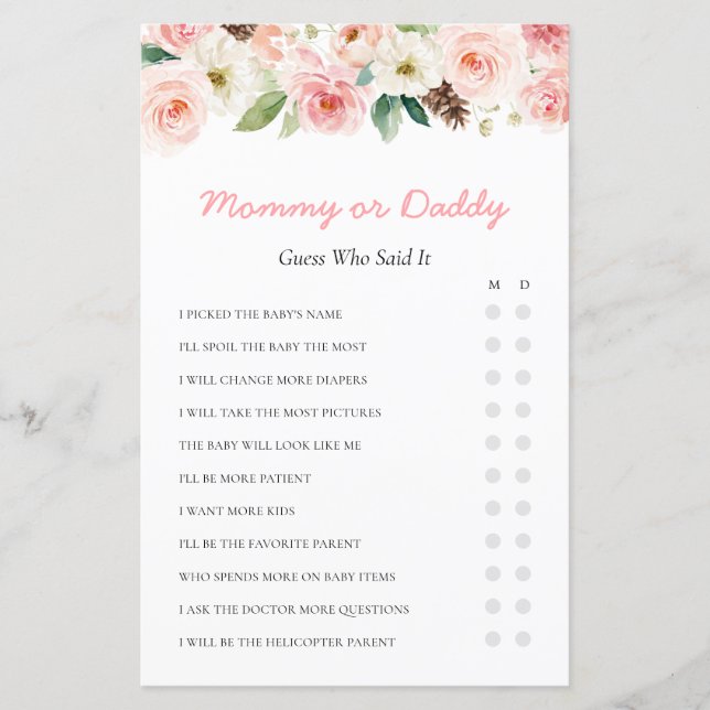 Pink Floral Baby Shower Mommy or Daddy Game (Front)