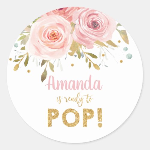 Pink Floral Baby Shower Shes Ready to Pop Favor Classic Round Sticker