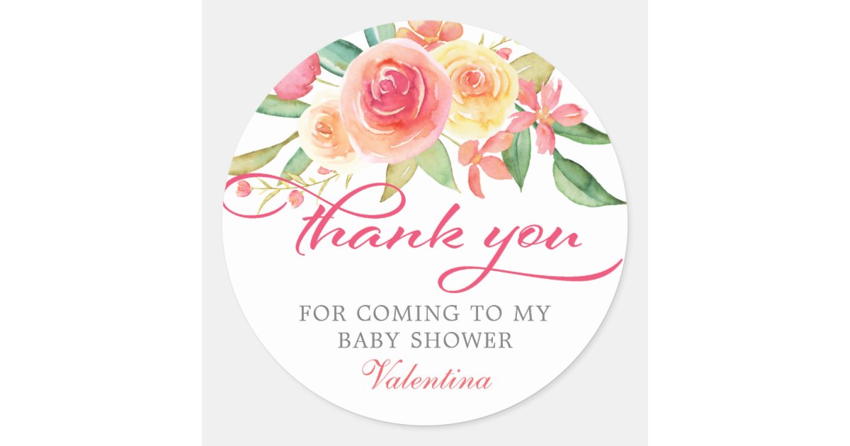 Pink Floral Baby Shower Thank You Classic Round Sticker | Zazzle