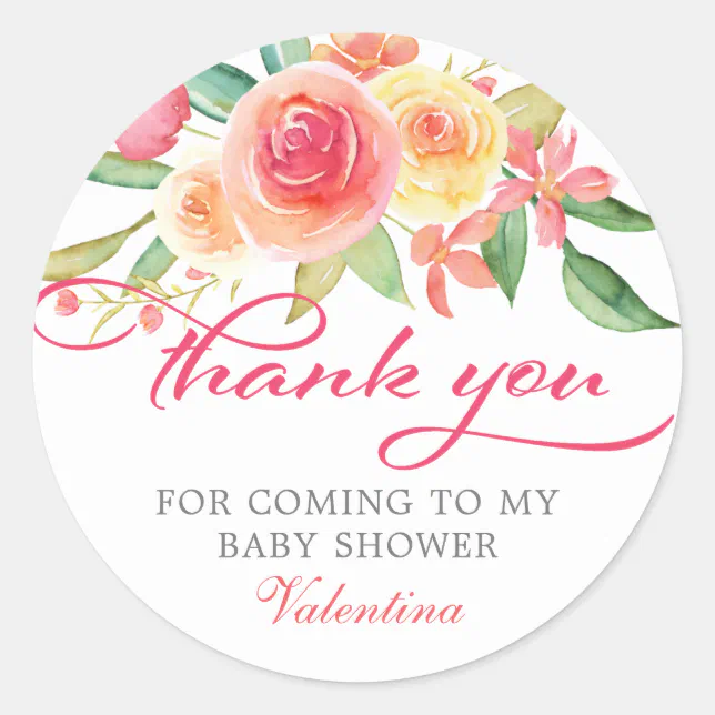 Pink Floral Baby Shower Thank You Classic Round Sticker | Zazzle