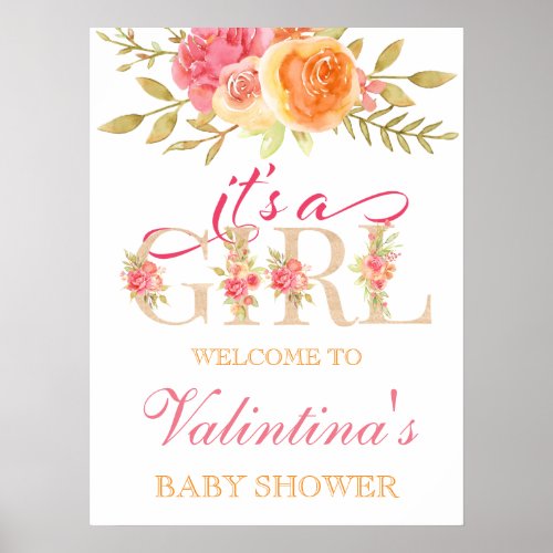 Pink Floral Baby Shower Welcome Poster