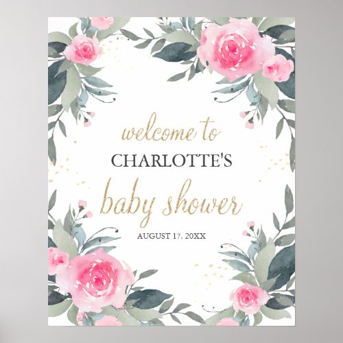 Pink Floral Baby Shower Welcome Sign