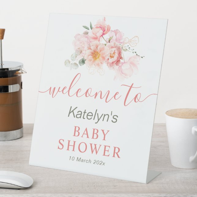 pink floral baby shower welcome sign (In SItu)