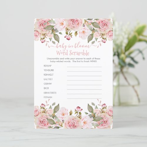 Pink Floral Baby Shower Word Scramble Game Card