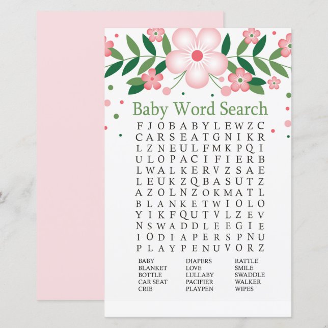 Pink Floral Baby Shower Word Search Game (Front/Back)