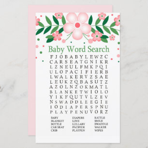Pink Floral Baby Shower Word Search Game