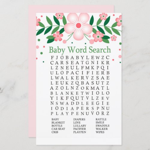 Pink Floral Baby Shower Word Search Game