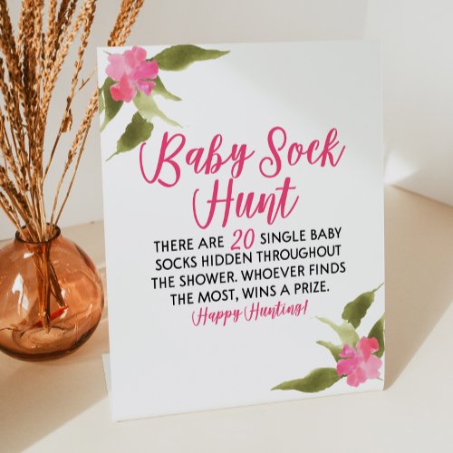 Pink Floral Baby Sock Hunt Baby Shower Game Pedestal Sign