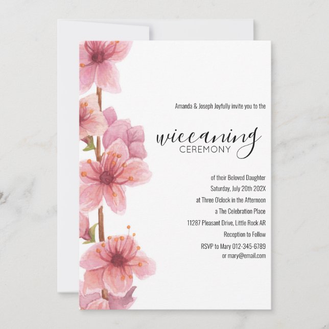 Pink Floral Baby Wiccaning Ceremony Invitation (Front)