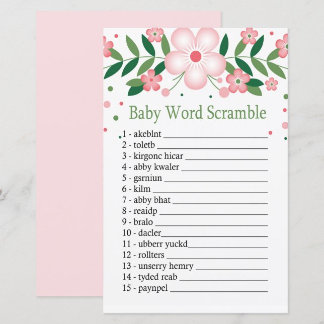 Pink Floral Baby word scramble game (Front/Back)