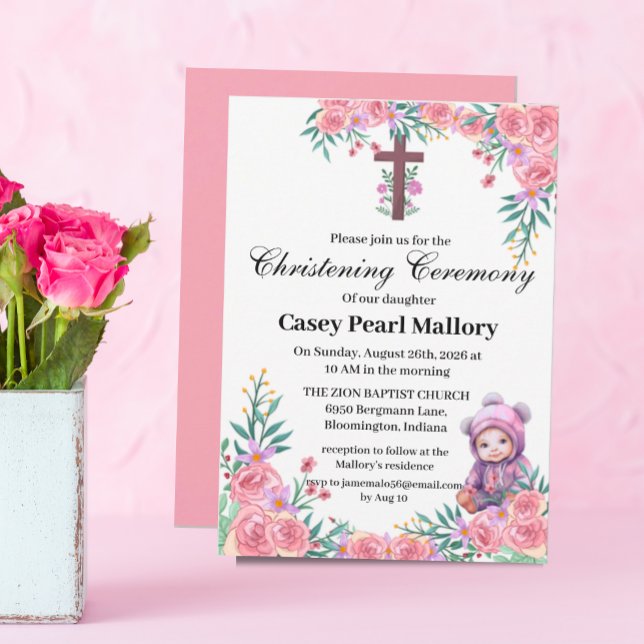 Pink Floral Babygirl Christening/Baptism Invitation (Creator Uploaded)
