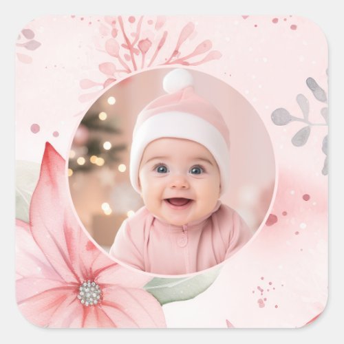Pink Floral Babys First Christmas Photo Square Sticker
