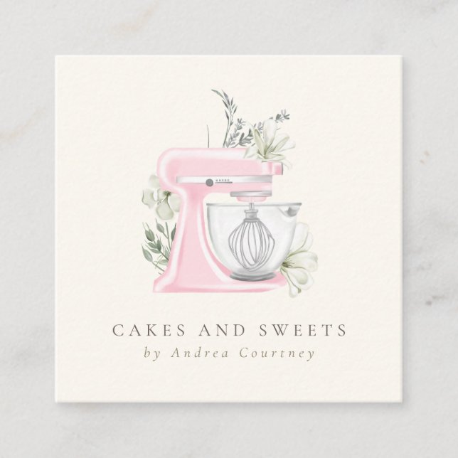 Pink Floral Bakery Pastry Watercolor Mixer Cake Square Business Card (Front)